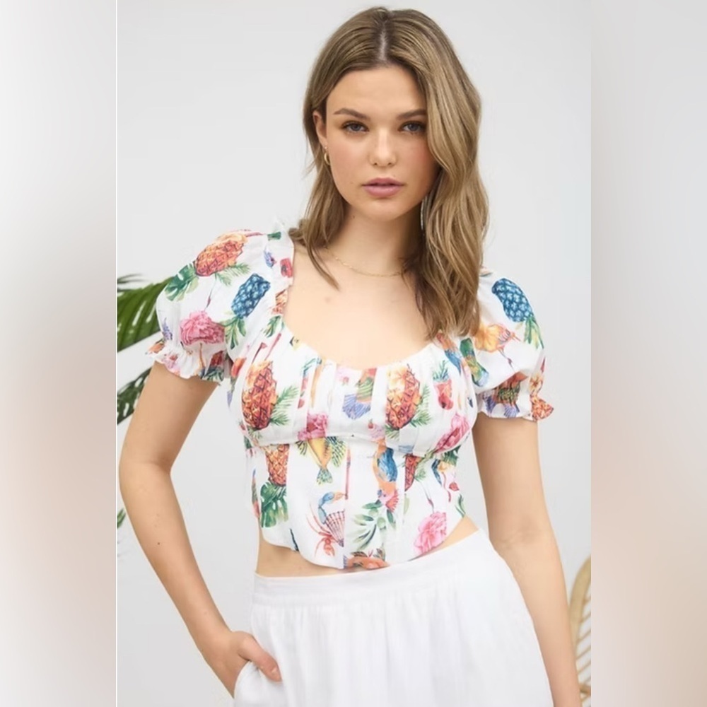 Mine Pina Colada Tropical Top Corset Crop Multicolor Puff Sleeve Size M NWOT
